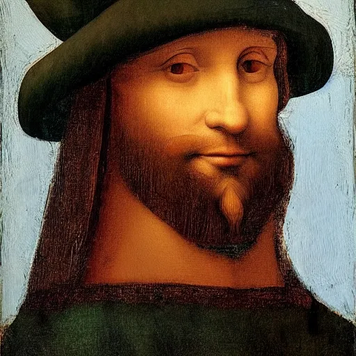 Image similar to an oil painting of a man in a hat, leonardo da vinci style,