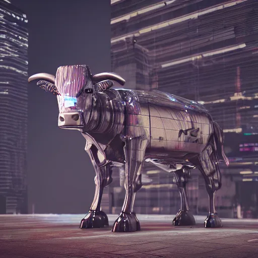 Image similar to cyberpunk cow statue, rain, space, galaxy, octane render, hyperrealism