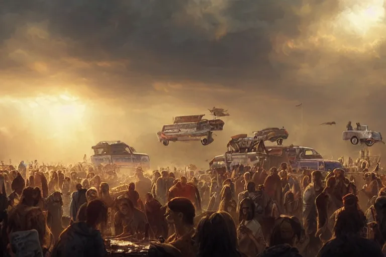 Image similar to a crowd zombies having a tailgate party, matte painting, long shot, concept art, wide shot, digital art, trending on artstation, 4 k, extremely detailed, realistic, midday, warm colors, golden sunlight, by greg rutkowski, cinematic, epic