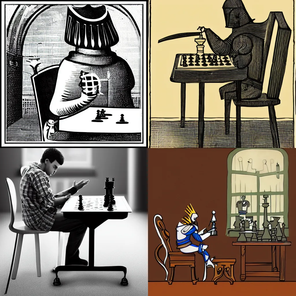 Prompt: A knight sitting on a chair playing chess at a desk.
