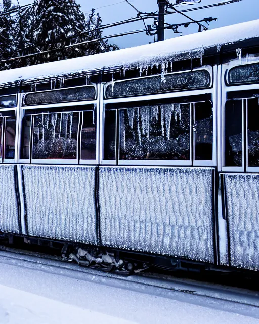 Image similar to tatra t 3 tram czech republic, side view, ice patterns on windows, winter, frost, around the city, evening, snow
