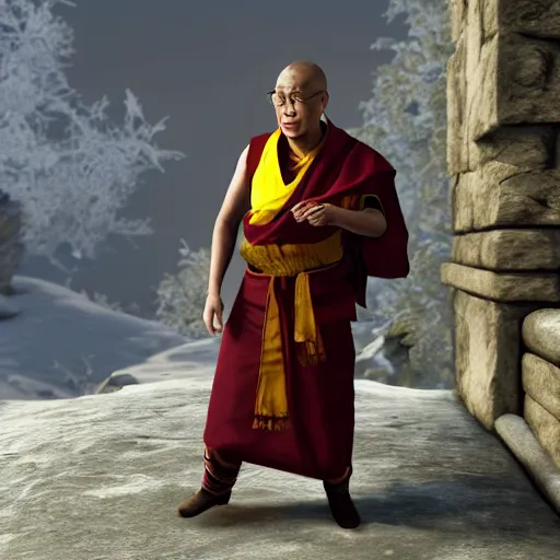 Image similar to Screenshot of the Dalai Lama in Skyrim special edition, 4k resolution, octane render