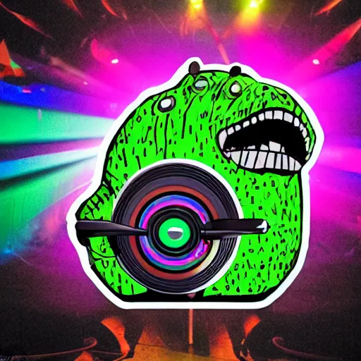 Image similar to svg sticker of a Pop-Wonder Alien-Bog-Monster-Swamp-Rat-Thunder-Coot-Racing-Fan at a rave, spinning records, giant headphones rocking out, wearing headphones, huge speakers, dancing, rave, DJ, spinning records, digital art, amazing composition, rule-of-thirds, award-winning, trending on artstation, featured on deviantart