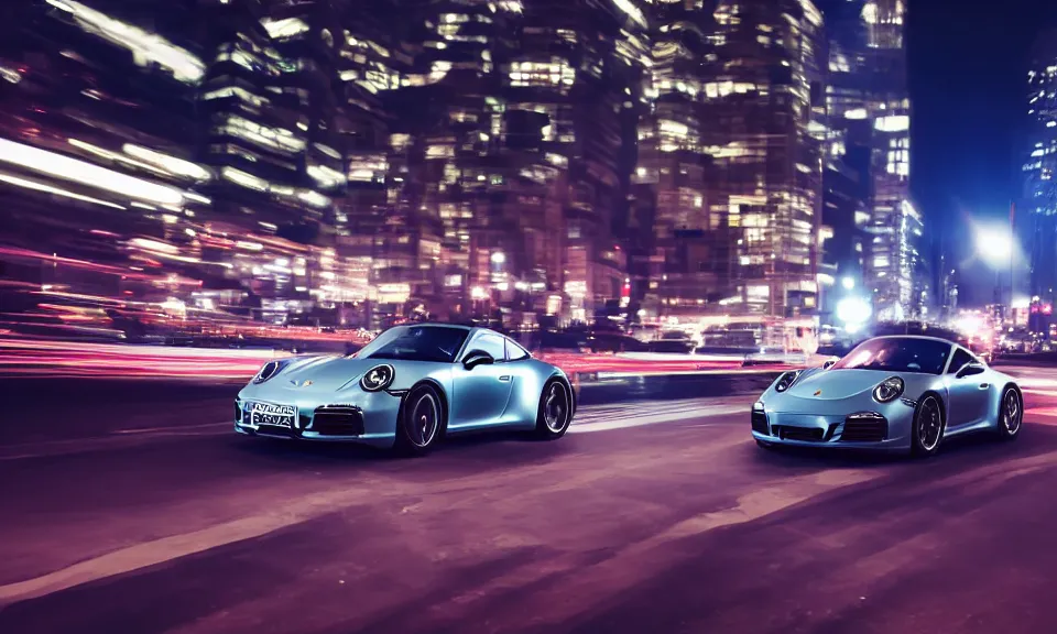 Image similar to photo of a porsche 911 at night driving fast through a city, cinematic, 4k, long exposure photography, blue and purple light