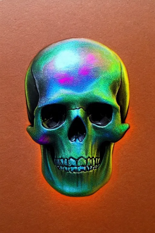 Prompt: electric metal skull, painted by frank wu and peter lloyd, trending on artstation, rembrandt lighting front view iridescent colors, chalk art, macro, magic realism, manierism