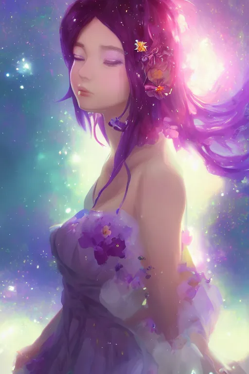 Image similar to 4k detailed portrait of a beautiful intimate woman with long purple cosmic hair and a beautiful flower dress covered in stars, by Ross Tran and Kuvshinov Ilya Anime, volumetric lighting, trending on artstation