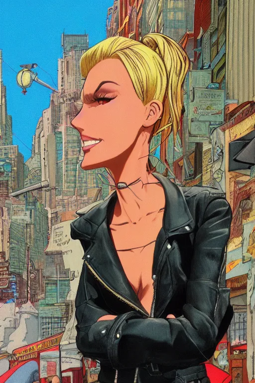 Prompt: portrait of an attractive young female protagonist, blonde ponytail, center focus, wearing leather jacket, in city street, detailed artwork by ralph bakshi