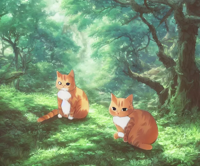 Image similar to kawaii cat in a forest, anime fantasy illustration by tomoyuki yamasaki, kyoto studio, madhouse, ufotable, comixwave films, trending on artstation