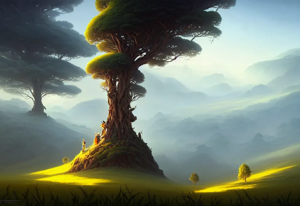 Image similar to dionisio landscape without people, high trees, top of the hill, above low layered clouds, deep focus, fantasy, intricate, elegant, highly detailed, digital painting, artstation, concept art, matte, sharp focus, illustration, hearthstone, art by rhads and artgerm and greg rutkowski and gediminas pranckevicius