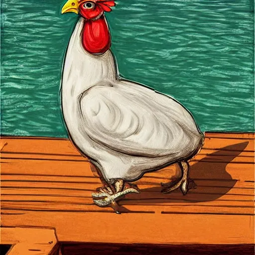 Prompt: digital art of a chicken on a raft, realistic, stylized, artstation, edward munch
