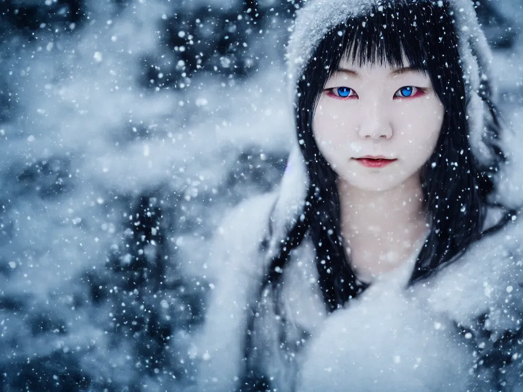 Prompt: the piercing blue eyed stare of yuki onna, snowstorm, blizzard, mountain snow, canon eos r 6, bokeh, outline glow, asymmetric unnatural beauty, gentle smile, blue skin, centered, rule of thirds