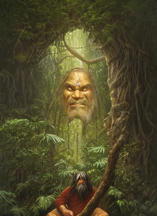 Image similar to a shaman sitting in the jungle, a tree behind him with a giant face of an old man in the trunk, hyper detailed, high contrast, art by christophe vacher