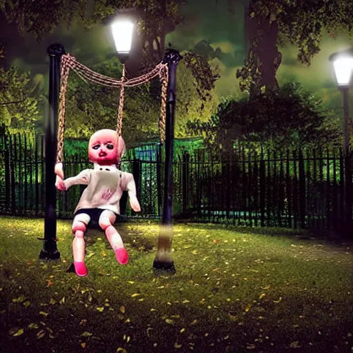 Image similar to a scary doll on a swing at a park, nighttime, real photo, realistic, hyper - realism, maximalist, horror movie, caution tape, illuminated by street lights, knife