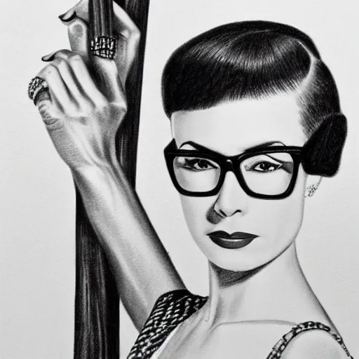 Prompt: pencil illustration of Edith head highly detailed, cinematic,