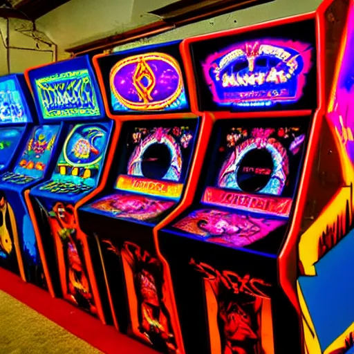 Image similar to retro arcade filled with satanic arcade cabinets, Canon eos, 8k hd resolution