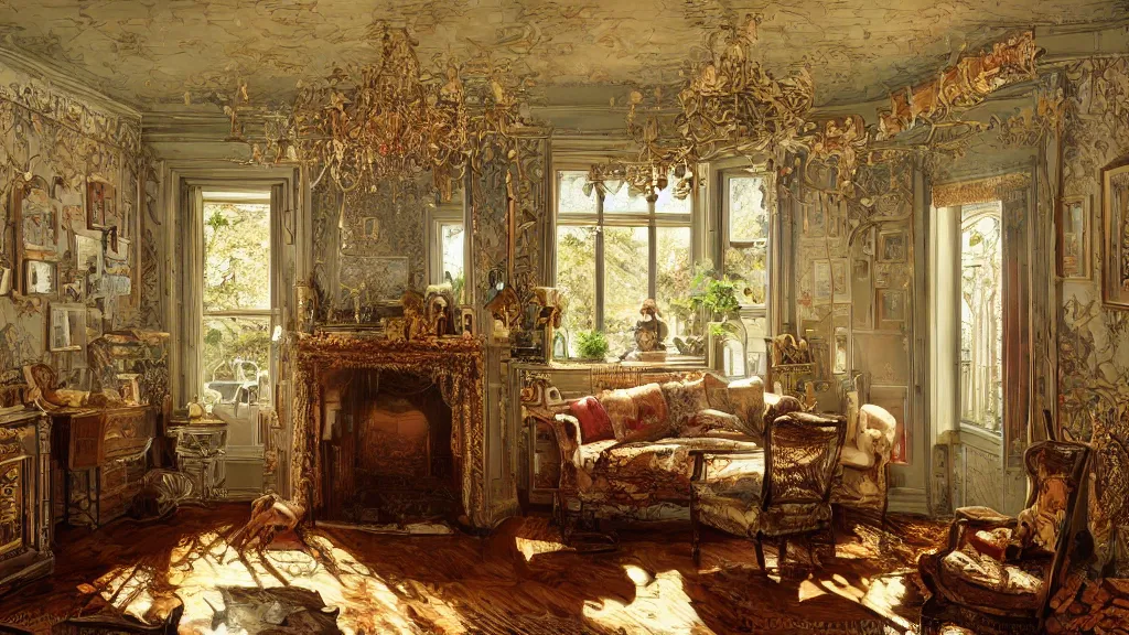 Image similar to richly decorated Victorian house, beautiful, detailed wood, photorealistic, photorealism, the autumn light comes in through a window, diffuse light, cybernetics