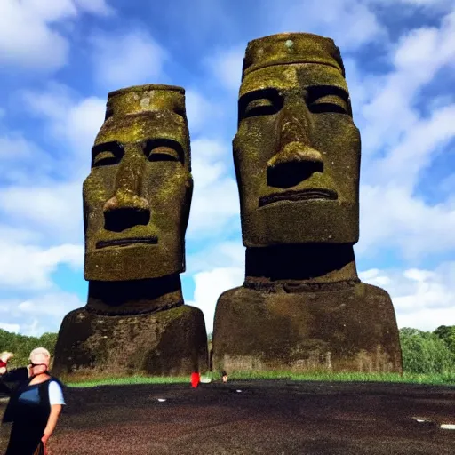 Prompt: photo of moai statue on stage at ted talk event