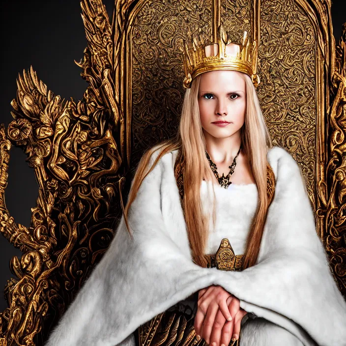 Image similar to photo of a very beautiful!! nordic queen warrior sitting on her throne highly detailed 8 k hdr smooth sharp focus high resolution award - winning photo