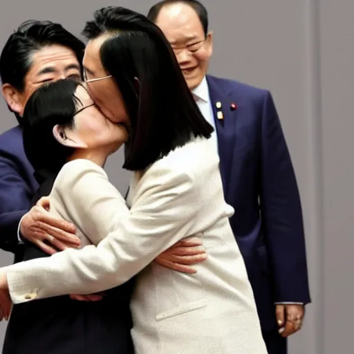 Prompt: Shinzo Abe warmly kisses Tsai Ing-wen.