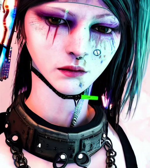 Image similar to detailed realistic cyberpunk female character cyberpunk wearing steel collar around neck, realistic, art, beautiful, 4K, collar, choker, collar around neck, punk, artstation, detailed, female, woman, choker, cyberpunk, neon, punk, collar, choker, collar around neck, thick collar, choker around neck, wearing choker, wearing collar, bright neon punk hair,