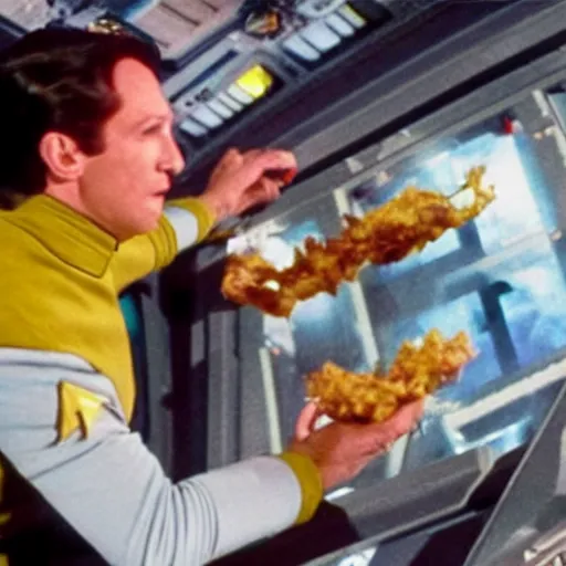 Prompt: star trek engineer fighting living fries in space eating them