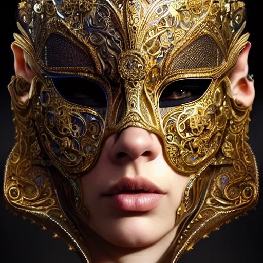 Image similar to Very very very very highly detailed epic photo of full face with beautiful ornamental venetian mask, intricate, dystopian, sci-fi, extremely detailed, digital painting, artstation, concept art, smooth, sharp focus, illustration, intimidating lighting, incredible art by Artgerm and Vincent di Fate and Anton Pieck