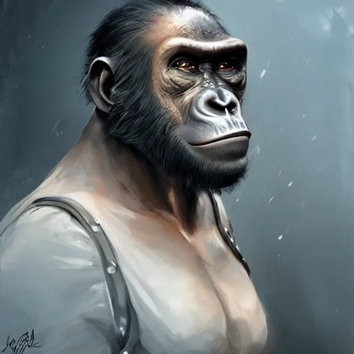 Image similar to an aristocratic ape, colourised, face portrait, epic, fantasy, dieselpunk, hd shot, digital portrait, beautiful, artstation, comic style, by artgerm, guy denning, jakub rozalski, magali villeneuve and charlie bowater