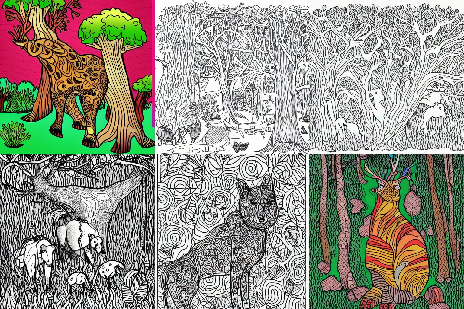 Prompt: artstation line drawings of a forest and animals. Best of colouring children book.