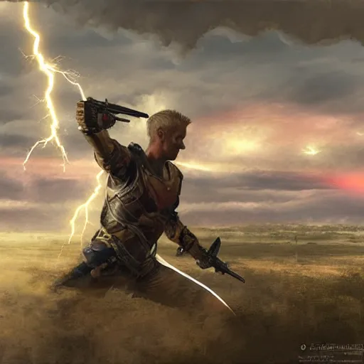 Prompt: a man with short blonde hair shooting lightning bolts at his enemy in battle. detailed matte painting. masterpiece. 4 k. fantasy art. by craig mullins. franzetta. repin