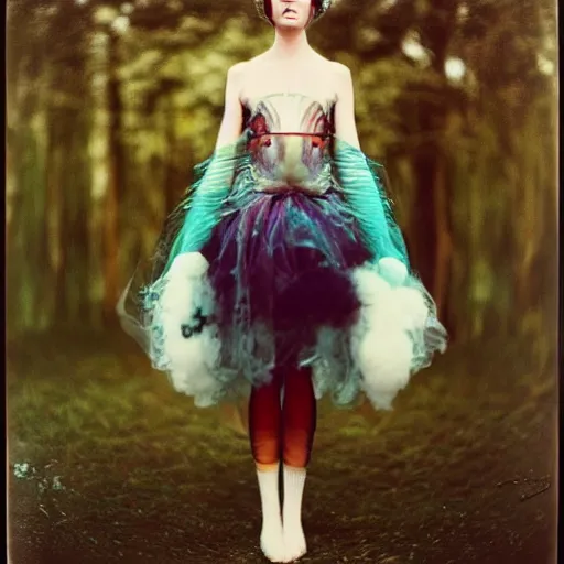 Image similar to kodak portra 4 0 0, wetplate, photo of a surreal artsy dream scene,, very beautiful girl, weird fashion, grotesque, extravagant dress, carneval, animal, wtf, photographed by paolo roversi style