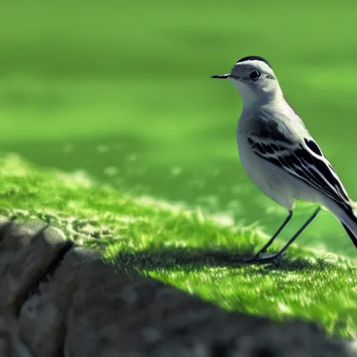 Prompt: closeup of a wagtail bird in avila, lavandera, river edge, green fields, summer season, 4 k, midday light, concept art, by wlop, ilya kuvshinov, artgerm, krenz cushart, greg rutkowski, pixiv. cinematic dramatic atmosphere, sharp focus, volumetric lighting, cinematic lighting, studio quality