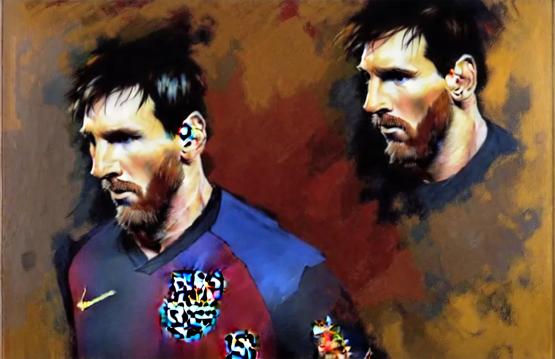 Image similar to portrait of lionel messi!!!!!!!!!!!!!!!!!!!!!!!!!!!, detailed face, detailed painting, epic lighting, by ilya repin, phil hale and kent williams