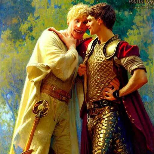 Image similar to attractive, arthur pendragon in love with attractive male, merlin the mage. highly detailed painting by gaston bussiere, craig mullins, j. c. leyendecker