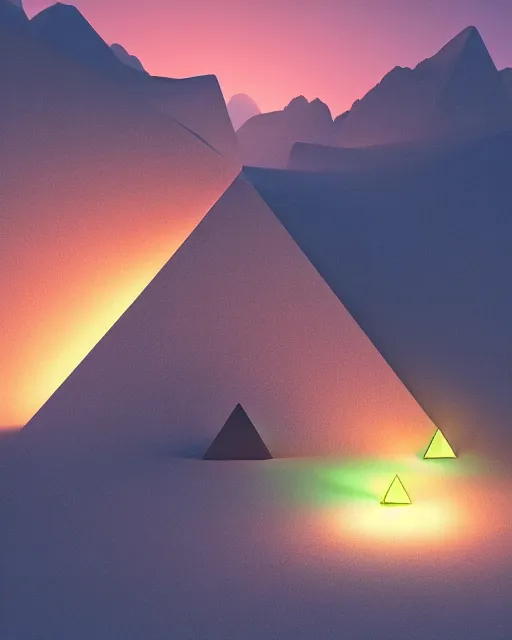 Image similar to a man standing in the middle of a mountain with a glowy triangle, a render by filip hodas, behance contest winner, environmental art, rendered in cinema 4 d, volumetric lighting