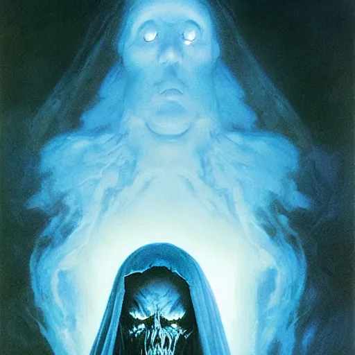 Image similar to head and shoulders portrait of a ghostly, shadowy, spectral wraith portrayed by russell crowe, d & d, fantasy, greg rutkowski, frank frazetta, alexandre chaudret, boris vallejo, michael whelan, miro petrov, hr giger, magali villeneuve, donato giancola