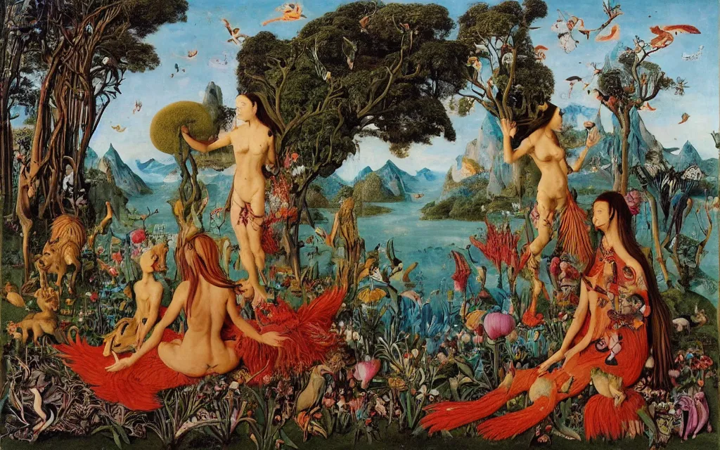 Image similar to a photograph of a meditating centaur shaman and a harpy mermaid feeding animals. surrounded by bulbous flowers, animals and a few trees. river delta with mountains and cliffs under a blue sky full of burning stars and birds. painted by jan van eyck, max ernst, ernst haeckel, ernst fuchs and artgerm. trending on artstation