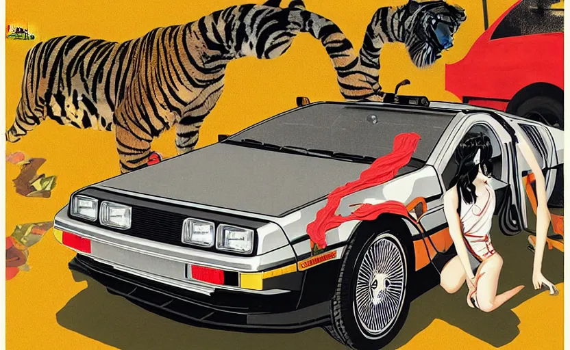 Image similar to a red delorean and a yellow tiger in ajegunle, painting by hsiao - ron cheng, utagawa kunisada & salvador dali, magazine collage style,
