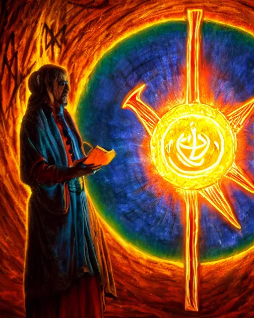 Image similar to hot wax painting of mage reciting an incantation and standing on glowing circular runes in the middle of dark room, high production value, intricate details, high resolution, hyperrealistic, hdr, high definition, masterpiece, ultra realistic, highly detailed, hd, sharp focus, non blurry, sharp, smooth