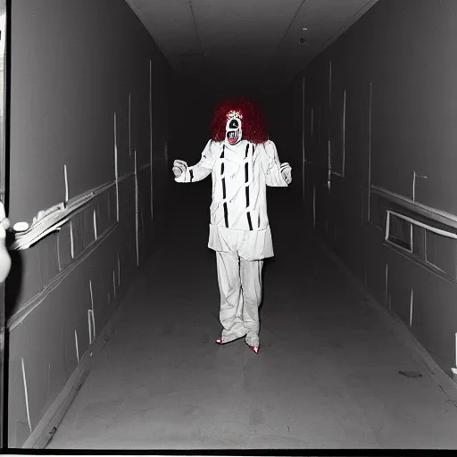 Image similar to creppy 2 0 0 3 photo of ronald mcdonald screaming in a dark room