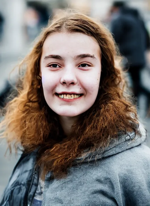 Image similar to Mid-shot portrait of a beautiful 20-year-old woman from Iceland, smile, candid street portrait in the style of Martin Schoeller award winning, Sony a7R