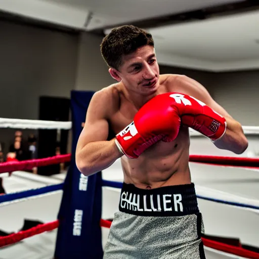 Image similar to realistic 8 k dslr image of charlie zelenoff with boxing gloves in the ring