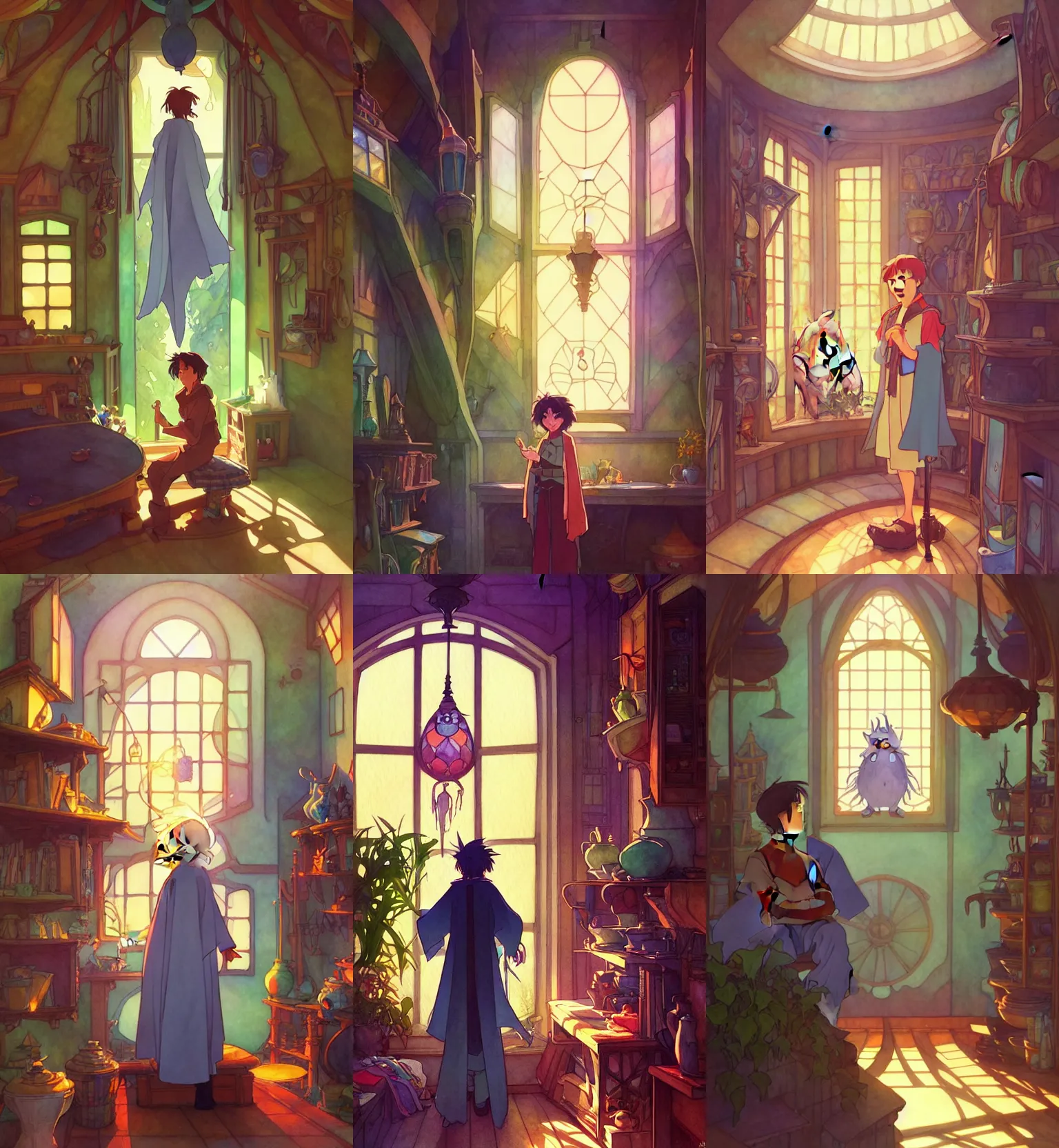 Prompt: a wholesome animation key shot of a wizard in his wizard house, studio ghibli, pixar and disney animation, sharp, disney concept art watercolor illustration by mandy jurgens and alphonse mucha and alena aenami, dramatic lighting