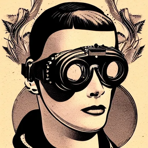 Image similar to tattooed stoic heroic emotionless dirty butch blonde woman mechanic with very short slicked - back hair, full body, uncomfortable awkward and anxious, wearing dark - lensed victorian goggles, wearing flight suit, moebius, rough paper, smooth median photoshop filter cutout vector, moebius, ron cobb, sci fi, behance hd