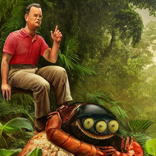 Prompt: Tom Hanks as forrest gump sitting on a giant shrimp in the jungle, realistic digital painting, in the style of Raphael Lacoste, photoreailstic, realistic face, amazing detail, sharp