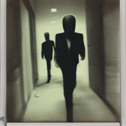 Prompt: A creepy polaroid photo of Slenderman chasing you down an empty hallway -4