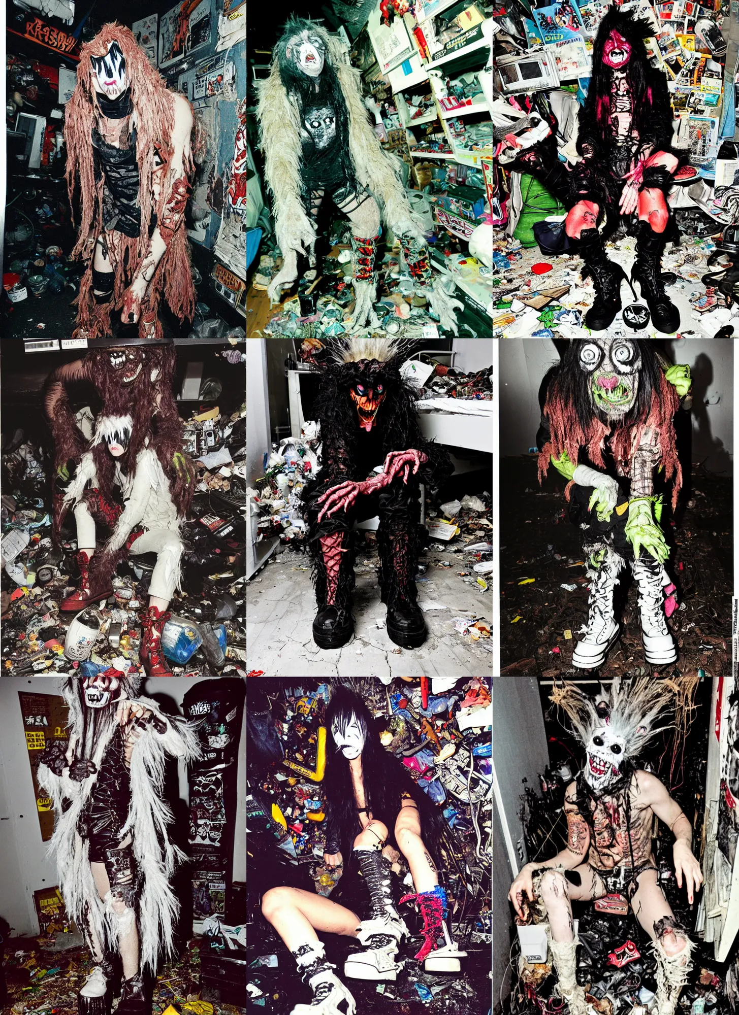 Image similar to photo of lace monster goblin wearing ripped up dirty Swear kiss monster teeth yeti platform boots in the style of Ryan Trecartin in the style of 1990's FRUiTS magazine 20471120 in japan in a dirty dark dark dark poorly lit bedroom full of trash and garbage server racks and cables everywhere in the style of Juergen Teller in the style of Shoichi Aoki, japanese street fashion, KEROUAC magazine, Walter Van Beirendonck W&LT 1990's, Vivienne Westwood, y2K aesthetic