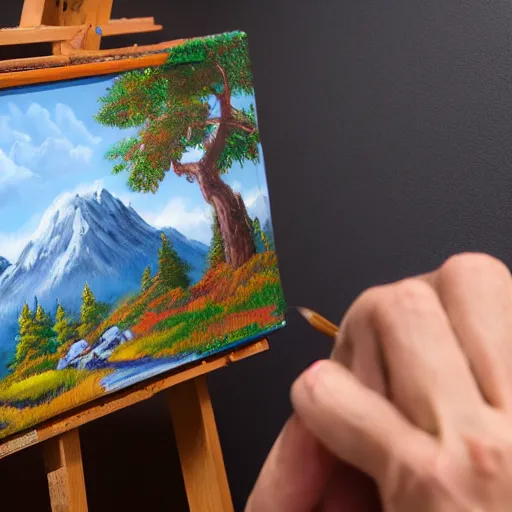 Image similar to a closeup photorealistic photograph of bob ross working on a canvas painting of cookie monster. film still. brightly lit scene. mountains and trees. this 4 k hd image is trending on artstation, featured on behance, well - rendered, extra crisp, features intricate detail, epic composition and the style of unreal engine.