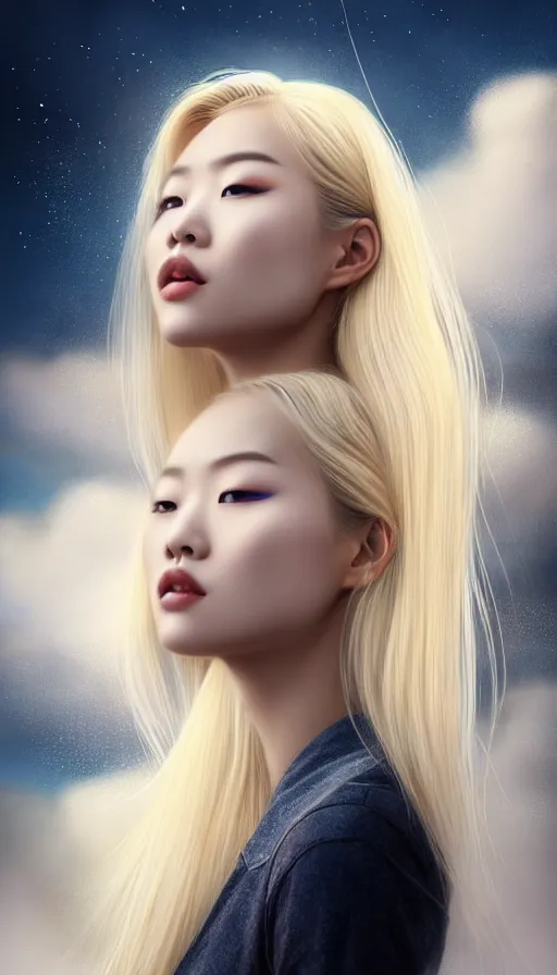 Image similar to photo of a gorgeous blonde young asian girl , searching for eternity, head in the clouds in the style of stefan kostic, realistic, sharp focus, 8k high definition, high fashion, vogue, insanely detailed, intricate, elegant, art by stanley lau and artgerm, sigma 85mm art