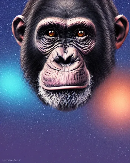 Image similar to very detailed high resolution illustration of a chimpanzee, backlit, stars, night, surrounded, 3 d, 8 k, extremely detailed, artstation, award winning