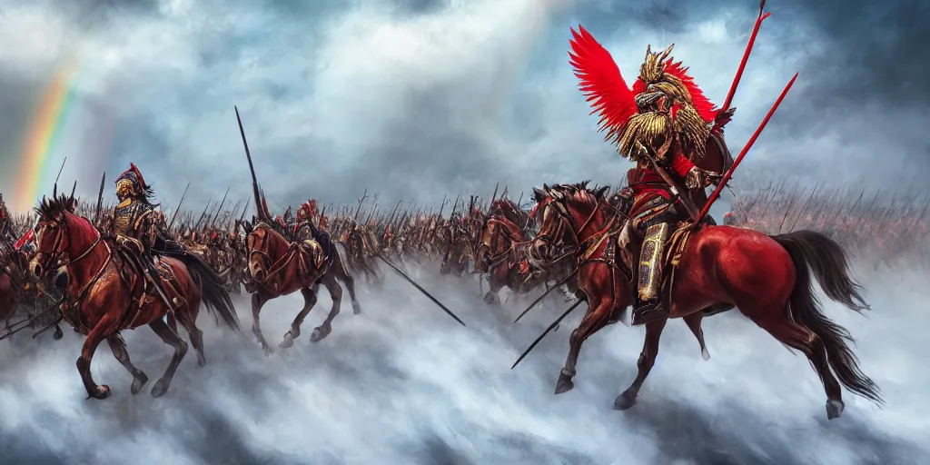 Image similar to Majestic powerfull red white Winged Hussars cavalry horde charging at ugly rainbow demons and trolls on ground, huge golden cross above them on the sky, white red eagle helping hussars, blood, snow, wide angle, professional kodak lenses, magic, fire, face painting, dramatic lighting, intricate, wild, highly detailed, digital painting, artstation, concept art, smooth, sharp focus, illustration, art by artgerm and greg rutkowski and alphonse mucha, footage from space camera